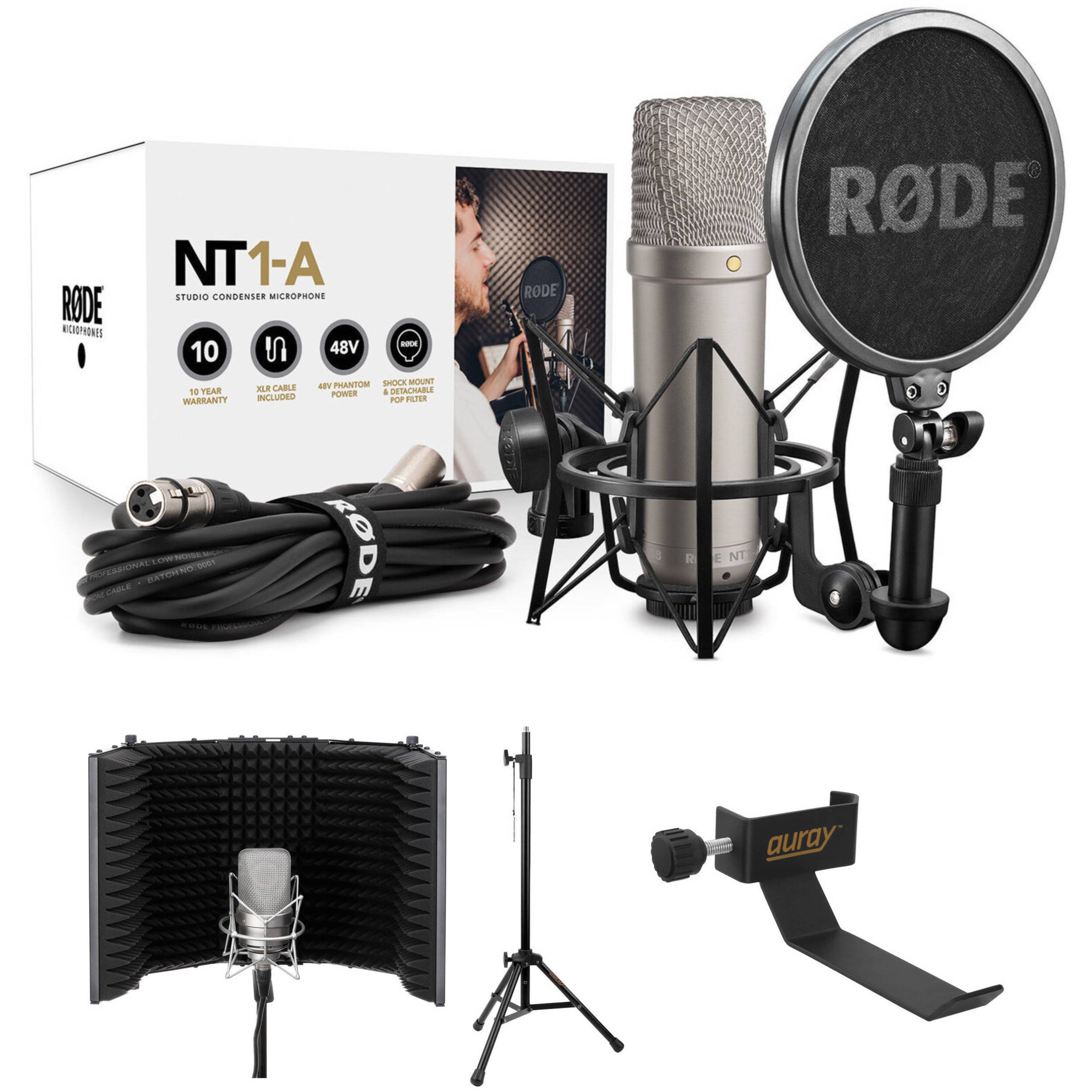 Audio-Technica AT2020 Studio Recording Bundle with Reflection Filter,  Stand, Pop Filter, XLR Cable, and Headphones